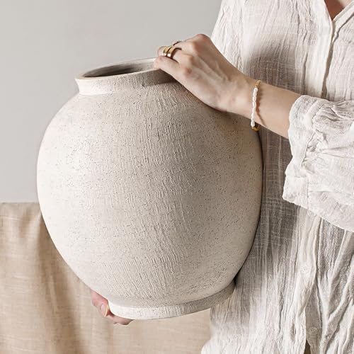 White Ceramic Vase - Large 12.5 Inch Round Floor Vase for Centerpieces, Farmhouse Flower Vases, Rustic Minimalist Home Decor (Sandstone White)