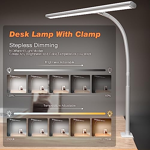 Airlonv LED Desk Lamp for Office Home, Eye-Caring Desk Light with Stepless Dimming Adjustable Flexible Gooseneck, 10W USB Adapter Desk Lamp with Clamp for Reading, Study, Workbench (White)