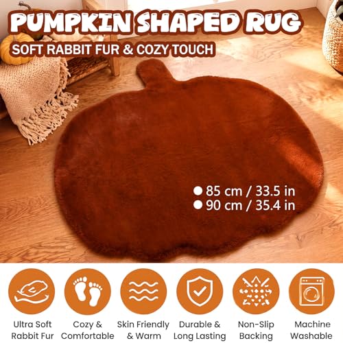 Orange Pumpkin Shaped Bedroom Rug, Faux Rabbit Fur Fluffy Area Rug, Soft Non Slip Floor Mat for Living Room Fall Halloween Thanksgiving Decor, 33 x 35 Inches