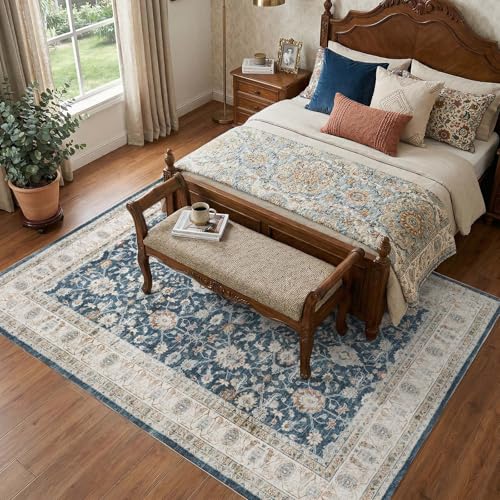 JINCHAN 6x9 Vintage Floral Area Rug, Washable Non Slip, Blue Beige