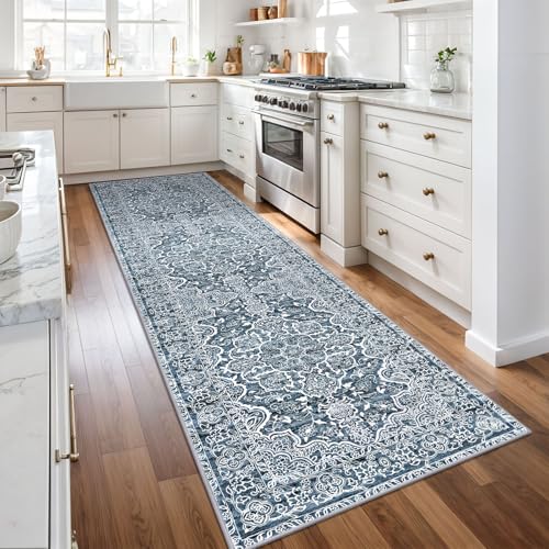 Vintage Washable Rug Runners 3x10 Blue White  Long Hall Rug 10ft
