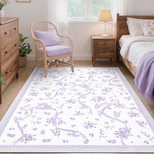 GarveeHome Purple Bow Rugs for Bedroom Girls, 4x6 Rug for Living Room with Soft Low Pile, Floral Washable Lavender Area Rug for Nursery Kids Playroom Dorm Office Carpet Bow Decor