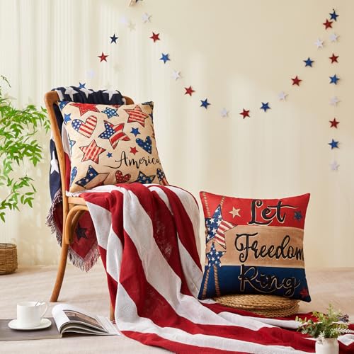 Patriotic Pillow Covers 18x18 Inch,4th of July Red White Blue Summer Outdoor Throw Pillow Covers Set of 4,Independence Memorial Day USA Flag Retro Fourth of July Cushion Case for Sofa Couch Decor