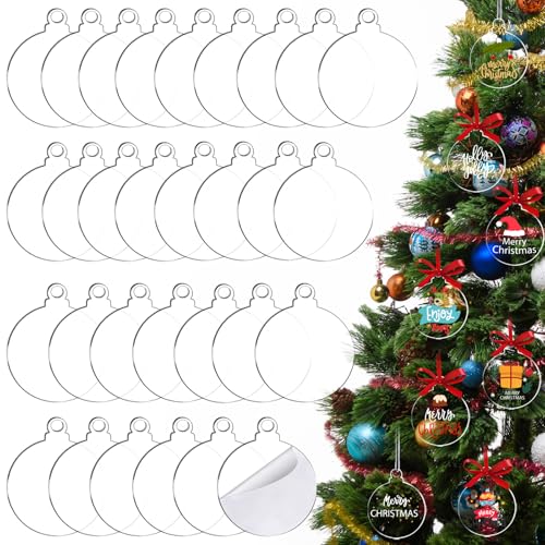 100 Pack Christmas Tree Ornaments Blanks - 4 Inch Clear Round Acrylic Flat Disc Ornaments Blanks Christmas DIY Crafts Transparent Circle Discs for Xmas Winter New Year Party Hanging Decorations