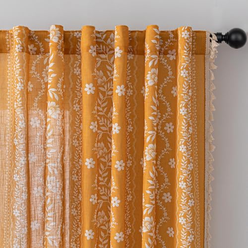 MYSKY HOME Boho Floral Curtains 84 inch Long 2 Panels Set Golden Mustard Yellow Farmhouse Curtains for Bedroom Living Room Light Filtering Semi Sheer Drapes with White Tassel Back Tab, 50" Wide