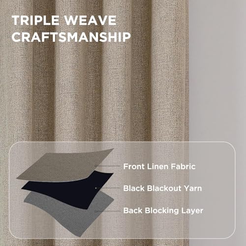 CUCRAF 100% Blackout Window Curtains 84 inches Long 2 Panels Set, Faux Linen Look Thermal Insulated Grommet Drapes, Room Darkening Curtain for Bedroom Living Room(W52 x L84 Inch, Light Khaki)