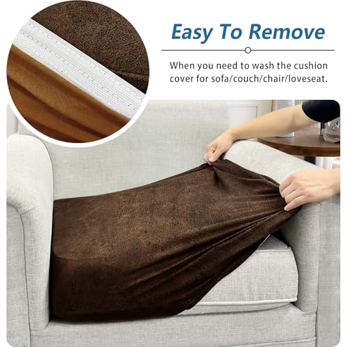 Couch Cushion Cover Leather-Look 1PC Stretch Chair Seat Slipcover for Living Room Individual Armchair Seat Cushion Cover, Pet-Friendly, Non-Slip, Easy Fit - Brown