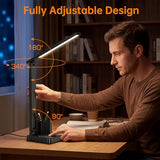 LED Desk Lamps for Home Office, Modern Dimmable Eye Cariing Desk Light with USB Charging Ports AC Outlet, Pen Holder,Touch/Memory/Timer, Kids Small Table Lamp for Reading, Bedroom, Study, Craft