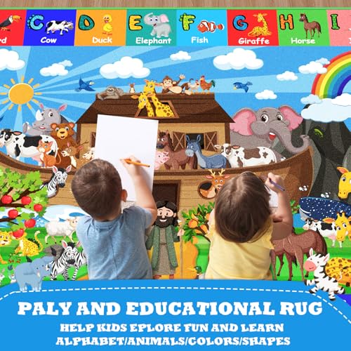 ABC Kids Rug for Playroom 78.7×59 in Noah's Ark Animals Rug Play Mat Alphabet Playmat Shape Color Classroom Carpet Kids Playroom Early Learning Carpet for Preschool Tummy Time