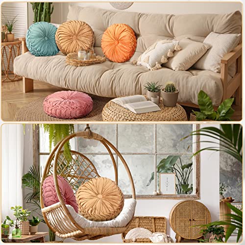 Kathfly 4 Pcs Decorative Round Pleated Throw Pillows, Classy Velvet Pumpkin Round Throw Pillows, Decorative Floor Pillow for Bed Chair Home Sofa Decor, 14" Diameter (Orange,Yellow,Pink,Green)