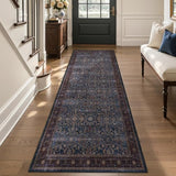 Washable Hallway Runner Rug 3'x8', Vintage Old Money, Dark Blue