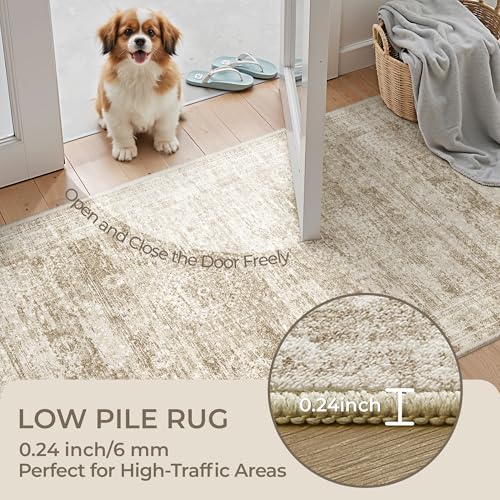 Washable Runner Rugs for Bedroom - 2x6 Runner Rug Non Slip, Ultra-Thin Entryway Runner, Soft Abstract Kitchen Runner for Hallway, Laundry, Bathroom, Indoor Door Mat(2'x6', Brown/Ivory)