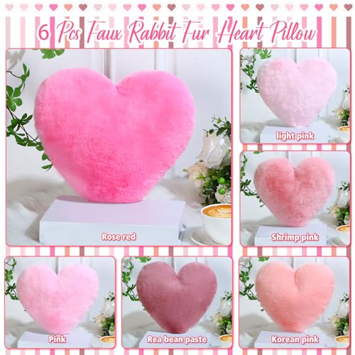 Liliful 6 Pcs Faux Rabbit Fur Heart Pillows Fluffy Heart Throw Pillows Cute Couch Cushion Soft Decorative Throw Cushion for Bed Sofa Girls Women(12 x 11 Inch,Pink Series)