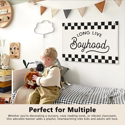 Long Live Boyhood Black and White Checkered Boys Room Decor - Cars Room Decor Linen Banner Wall Hanging Canvas Banner Flag Decor for Toddler Boy Bedroom Nursery Playroom Birthday Party