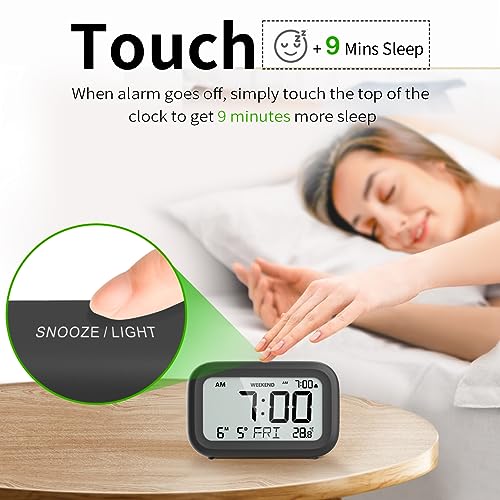 DOOMAY Digital Alarm Clock Bedside - Battery Powered Clock with LCD Display Volume Adjustable Snooze and Weekend Mode for Bedroom Office Desk Travel - Black
