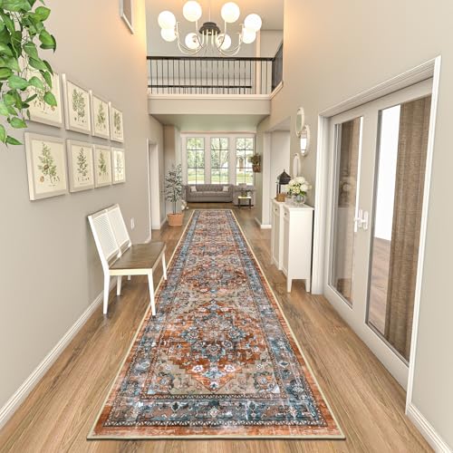 Runner Rug for Hallways Non Slip Washable Boho 2’6”x14 Hallway Low Pile Throw Rugs Vintage Carpet Runners for Entry Way, Kitchen, Laundry Room, Bathroom