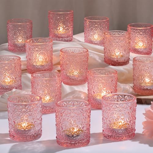 Lanttu 36 Pack Pink Votive Candle Holder, Flower Tea Lights Candles Holders for Wedding Table Centerpieces, Birthday Parties, Anniversary, Pink Bridal Shower and Holiday Decorations