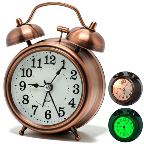 Loud Alarm Clock for Heavy Sleeper, Twin Bell Retro 3'' Silent Non-Ticking Mini Travel Quartz with Backlight, Luminous Dial, Battery Operated Mental Alarm Clock for Home Decoration Bedroom Bedside