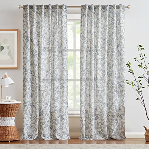 Lazzzy Linen Curtains Farmhouse Blue Floral Print 84 Inches Long Back Tab Drapes for Living Room Bedroom Semi Sheer Patterned Country Vintage 2 Panels Set Rod Pocket Blue on Beige