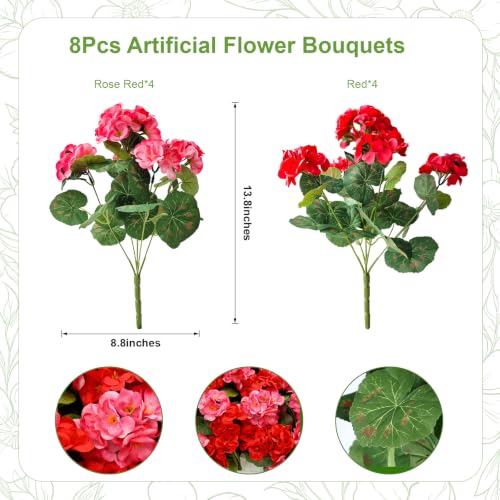 8 Bundles Artificial Geranium Fake Flowers for Outdoor UV Resistant, Outside Spring Red Pink Flower Decoration for Home Kitchen Table Cemetery Garden Planter, Front Door Silk Faux Plants