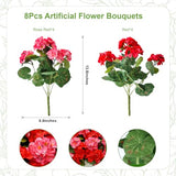 8 Bundles Artificial Geranium Fake Flowers for Outdoor UV Resistant, Outside Spring Red Pink Flower Decoration for Home Kitchen Table Cemetery Garden Planter, Front Door Silk Faux Plants