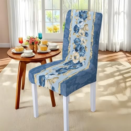 Dining Chair Slipcovers Rectangle Tablecloths Set of 7, Removable Chair Seat Covers Dust-Proof Stretch Dining Seat Slipcovers Washable Table Cover Protector, Blue Flower Print