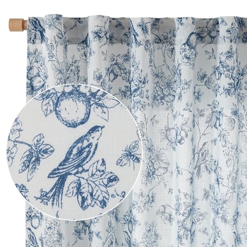 Vangao Linen Floral Curtains for Living Room 84 Inch Length Toile Blue and White Drapes French Country Back Tab Light Filtering Printed Farmhouse Bedroom Rod Pocket Window Treatments 2 Panels