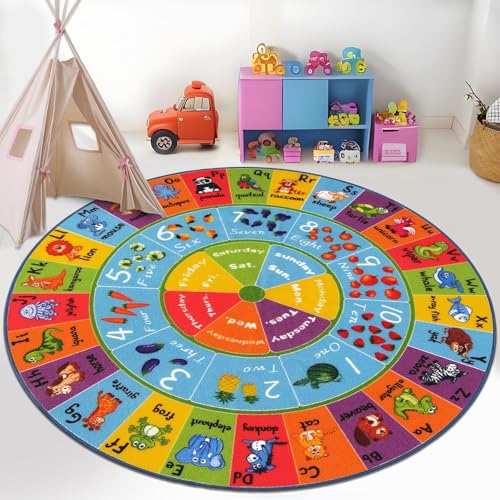 HEBE Kids Play Rug 4ft ABC Alphabet Numbers Shapes Educational Kid Area Rug Washable Baby Crawling Mat Non Slip Kid Play Mat Carpet for Girl Boy Bedroom Playroom