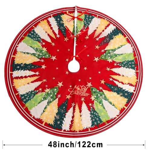 Multiwins Christmas Tree Skirt 48 Inch, Red Christmas Tree Skirt with Christmas Tree and Star Design, Thick Flannel Fabric, Xmas Tree Skirt for Holiday Decorations