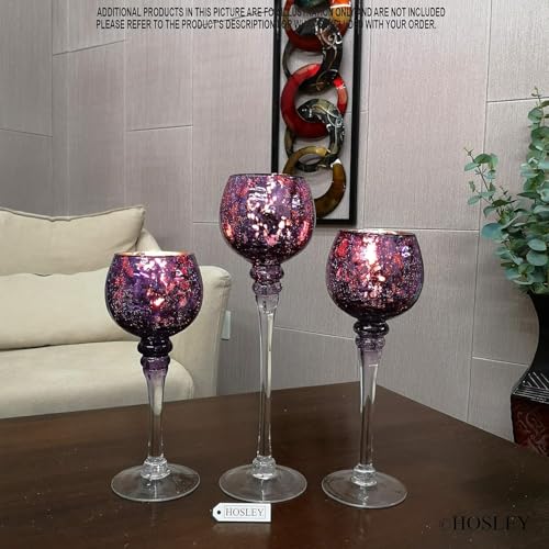 Hosley Set of 3 Crackle Purple Glass Tealight Holders 12 Inch, 10 Inch, 9 Inch Heights for Captivating Candlelight Ambiance Radiant Elegance