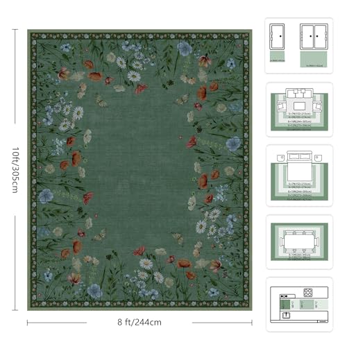 8x10 Area Rugs, Machine Washable Low Pile Floral Rugs for Living Room, Bedroom, Large Area Rug with Non-Slip Backing for Dining Room(Green)
