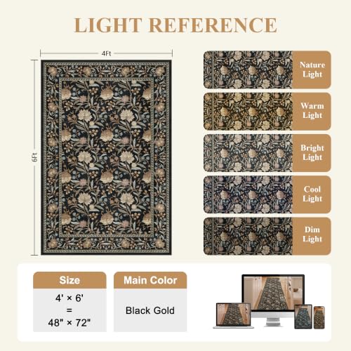 4x6 Area Rug, Washable Vintage Floral Rug for Living Room, Black