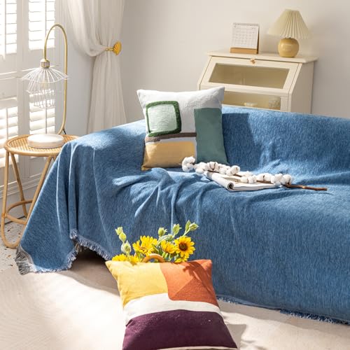 VClife Boho Couch Cover, Dog Sofa Cover for 1 Cushion Couch, Blue,71"X91" | Premium Thick Chenille, Multi-Use Furniture Cover, Compatible with Armchair, Loveseat, Standard, L-Shape & Sectional Sofa