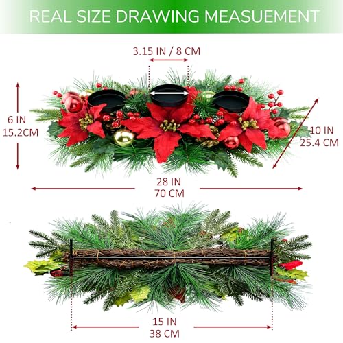 YULETIME 28" Christmas Triple Candelabrum, Poinsettia, Baubles, Red Berries