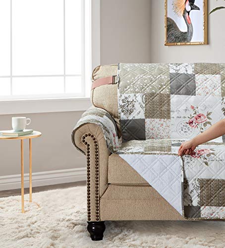 Brilliant Sunshine Pink Rose and Grey Toile Couch Recliner Cover, Patchwork Design, Sofa Cover for Dogs, Slip Resistant Furniture Protector with Strap, Washable Slipcover for Kids and Pets (26" seat)
