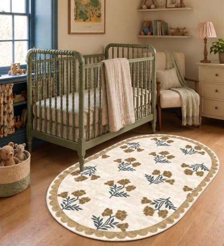 3x5 Oval Rug for Bedroom - Soft Washable Boho Beige Living Room Rug