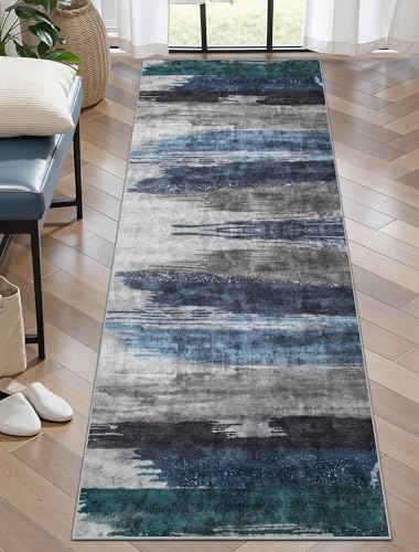 2x6 Runner Rugs for Hallway Kitchen, Modern Abstract Washable Navy