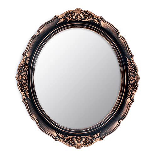 Eaoundm 13.1 x 14.8 inchs Plastic Frame Decorative Wall Mirror,Vintage Hanging Mirrors for Bedroom Living-Room Dresser Decor Oval (Vintage Gold Bronze)