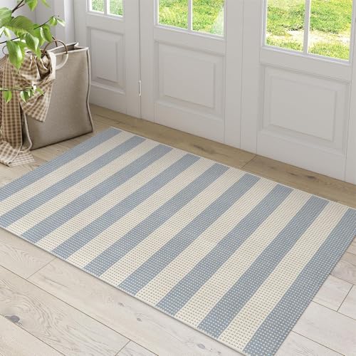 OJIA Washable Outdoor Rug 3'x5', Blue/White/Tan Outdoor Area Rug Entryway Rugs Indoor Door Mat Front Porch Rug Cotton Small Checkered Rug Floor Carpet for Entry/Patio/Bedroom/Living Room