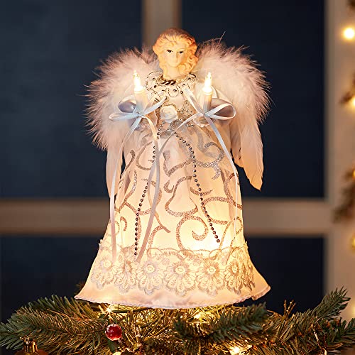 Kurt Adler UL 10-Light Angel Treetop, 8.5-Inch, White/Silver