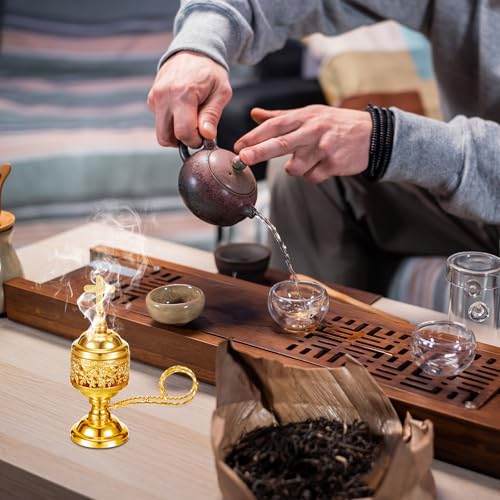 Zonon 2 Sets Incense Burner with Tong, Frankincense Charcoal Incense Stand Holder, Ideal for Yoga, Spa, Aromatherapy, Home and Christian Church Censer (Gold,Classic)
