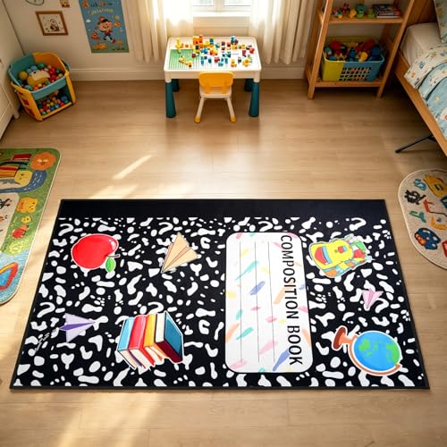 5 x 7.6 ft Large Classroom Rug Composition Notebook Carpets Soft Fluffy Pastel Play Carpet Educational Area Rug Back to School Non-Slip Learning Floor Mat Washable for Nursery Playroom Reading Corner