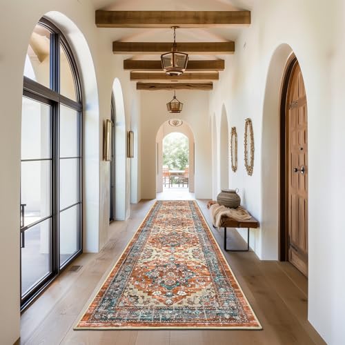 Runner Rug for Hallways Non Slip Washable Boho 2’6”x12 Hallway Low Pile Throw Rugs Vintage Carpet Runners for Entry Way, Kitchen, Laundry Room, Bathroom
