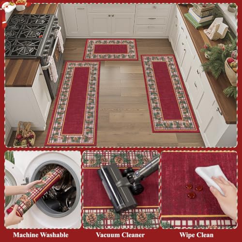 Christmas Kitchen Rugs Sets of 3, Washable Christmas Rugs for Kitchen, Non Slip Christmas Kitchen Rugs and Mats, Farmhouse Kitchen Floor Carpet Set for Winter Xmas Holiday Decoration