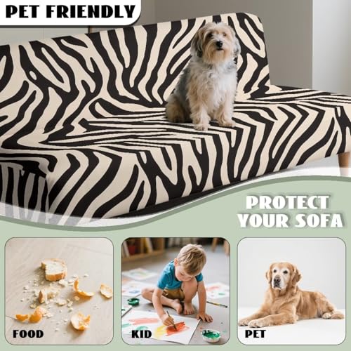 Zebra Print Beige Black Soft Futon Covers Armless Sofa Bed Slipcover with Elastic Bottom Wear Resistant Furniture Protector Stretch Washable Couch Cover for Futon