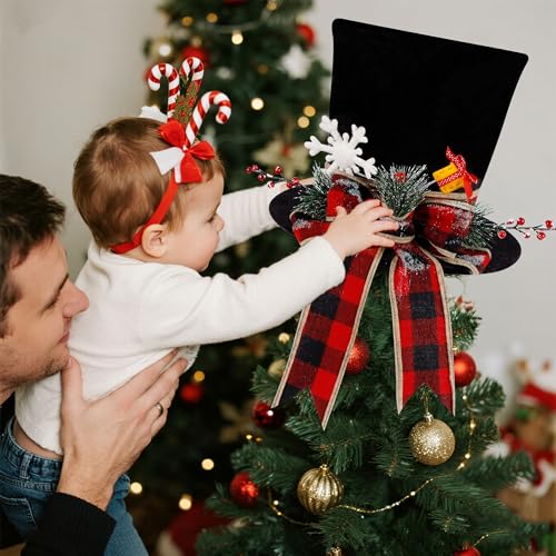 yofit Christmas Tree Topper Hat, Black Velvet Hat with Red Buffalo Plaid Bow Red Berry Snowflake, Christmas Tree Decorations Top Hat, Desktop Ornaments for Home Holiday Winter Decor