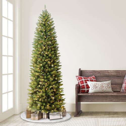 Puleo International 7.5ft Pre-Lit Fraser Fir Pencil Christmas Tree with 350 Clear Lights, 1188 Realistic Dense Branch Tips, Easy Setup Artificial Trees with Sturdy Metal Stand