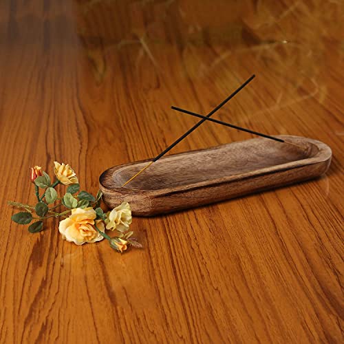 Bless-International Traditional-Handmade-Tray-Burner Wooden-Trat-Incense-Stick-Holder Ash-Catcher-Stand for-Aromatherapy-Meditation-Yoga (11x4x1.22 Inches)