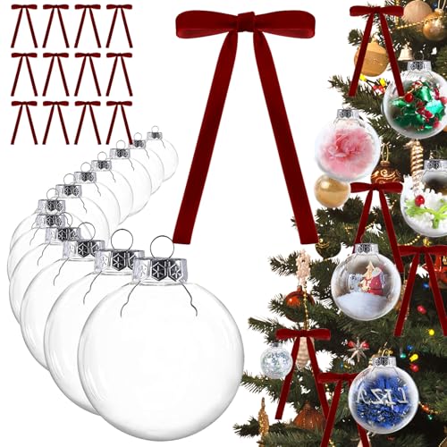3.15 inch Christmas Balls with Velvet Bows,Clear Plastic Ornament Balls,DIY Fillable Ornaments Clear Ornaments for Crafts Fillable (12PCS)