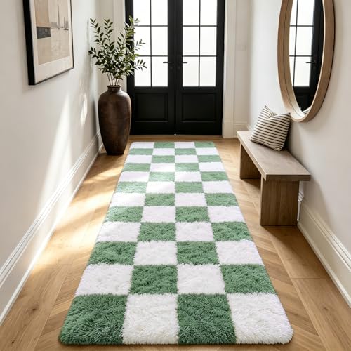 Shag Runner Rug for Bedroom Living Room 2x6 Upgrade Non-Slip Fluffy Soft Bedside Rugs,Green and White Shaggy Carpet for Livingroom Dorm Home Decor Aesthetic